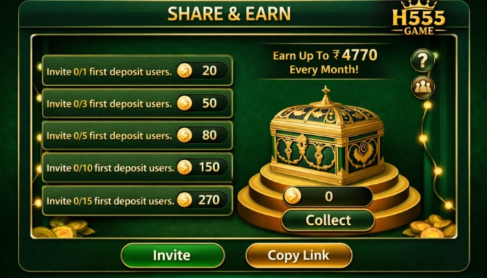 H555 Game Share and Earn referral bonus screen showing invite rewards and monthly earning up to 4770