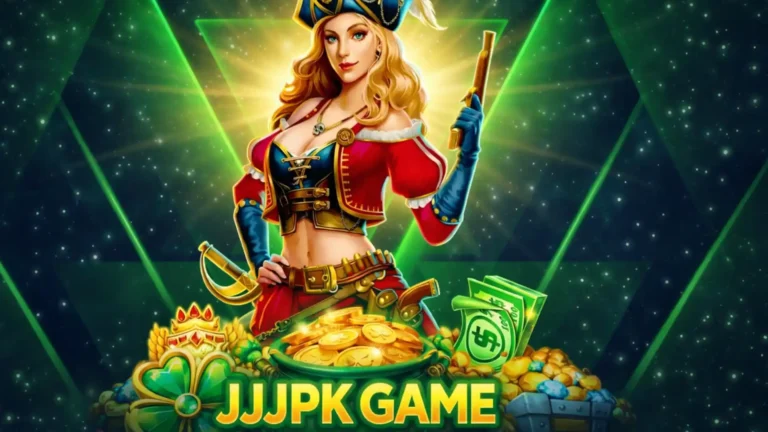 JJJPK Game promotional banner featuring a female pirate character with gold coins, cash, and glowing green background.