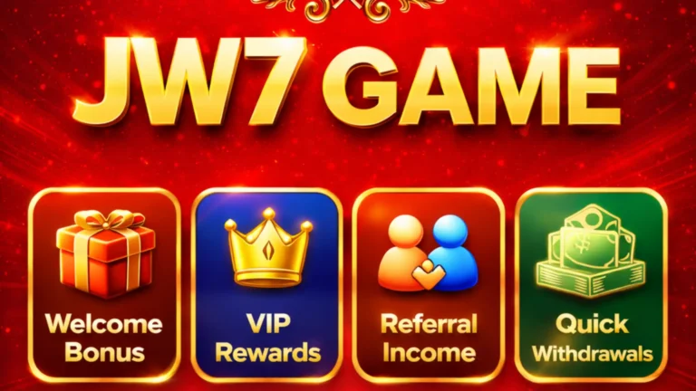 JW7 Game promotional banner showing welcome bonus, VIP rewards, referral income, and quick withdrawals on red background.