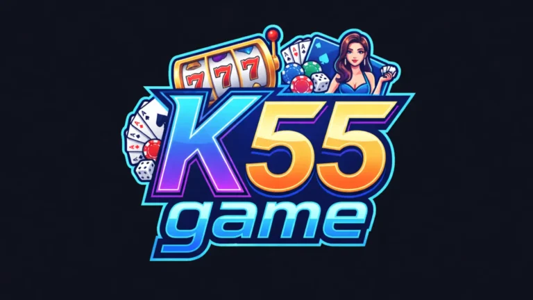 K55 Game logo showing colorful 3D text, casino slot machine, cards, poker chips, dice, and a female character on dark background