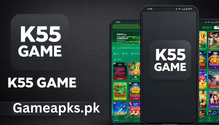 K55 Game mobile app promotional banner showing smartphone screens with gaming interface and Gameapks.pk download link