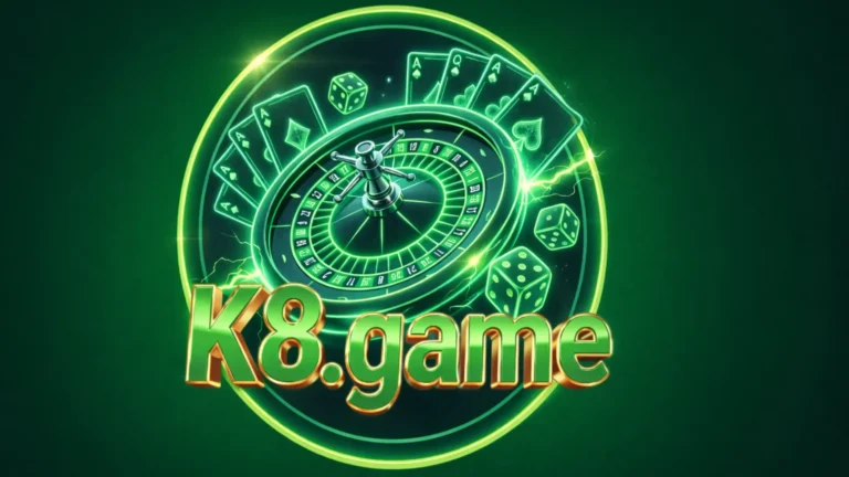 K8 Game casino-style logo with glowing green roulette wheel, playing cards, dice, and metallic gold text on dark green background.