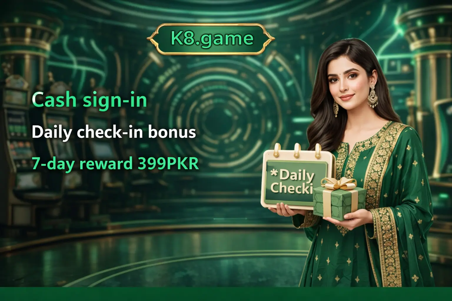 K8 Game sign in reward banner showing daily login bonus screen