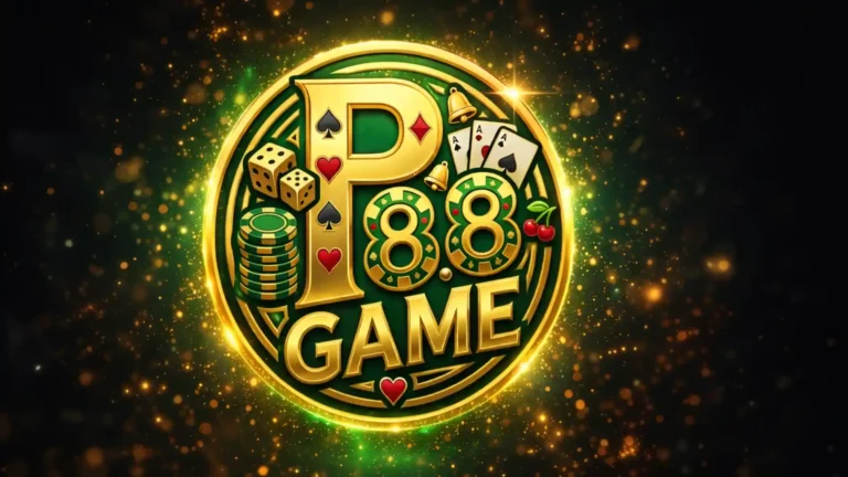 P88 Game golden logo with casino elements, dice, playing cards and glowing special effects on dark background