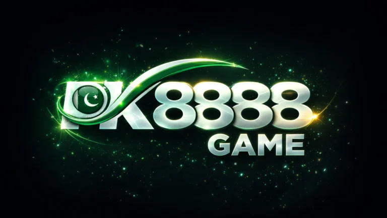 PK8888 GAME logo with metallic 3D silver text, green glowing swoosh, and crescent moon star emblem on dark background with special light effects.