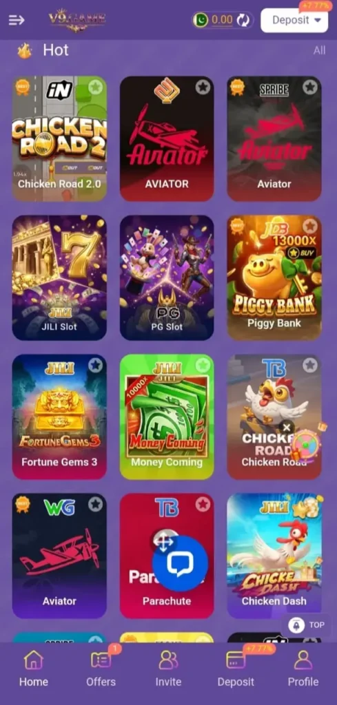 V9 Game app home screen showing hot games and slots