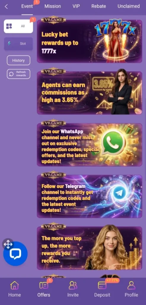 V9 Game app events page showing rewards bonuses and offers
