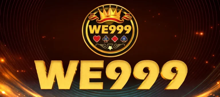 WE999 Game golden logo with crown symbol, playing card icons, and bold 3D gold text on a dark red glowing background.