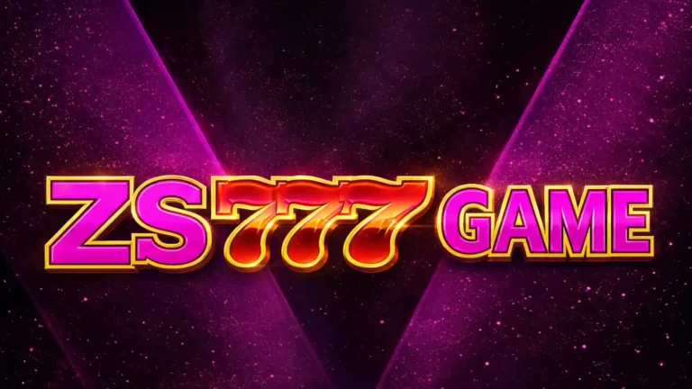 ZS777 GAME logo in bold pink and gold 3D text on a dark purple glowing background with spotlight effects.