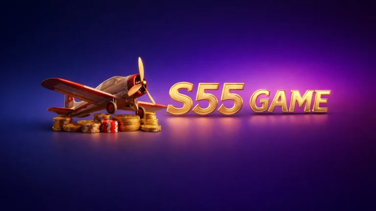 S55 Game promotional banner featuring a vintage airplane on gold coins with glowing special effects and golden text logo.