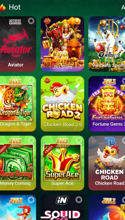 S55 Game hot section showing Aviator, JILI Slots, Dragon Tiger, Chicken Road 2.0, and Fortune Gems slot games.