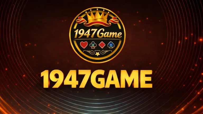 1947 Game casino platform logo with golden crown and playing card symbols on a dark glowing background