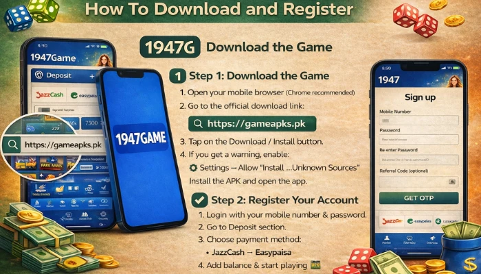 1947 Game download and register guide showing APK installation steps and account signup process on mobile