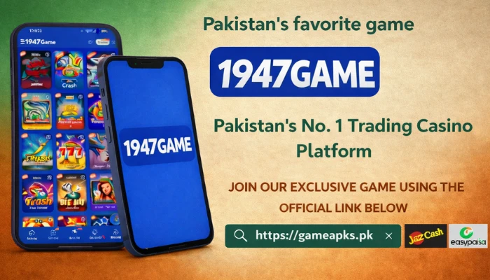 1947 Game APK download Pakistan casino gaming app interface with mobile screen and official website link
