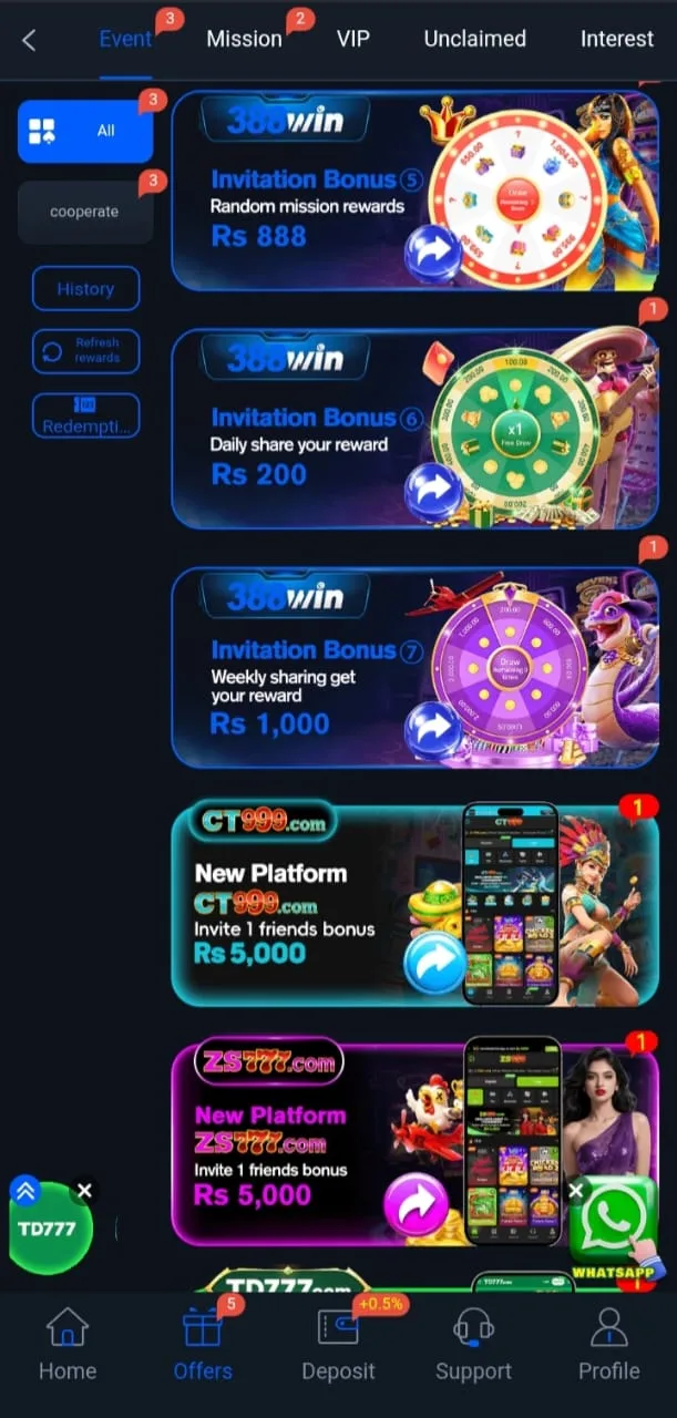388Win Game main dashboard home screen banner