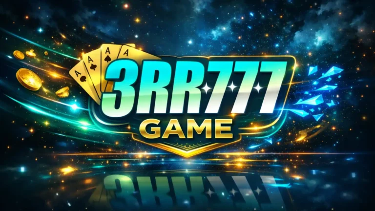 3RR777 Game logo with glowing text, casino cards, coins, and special effects on a dark cosmic background.