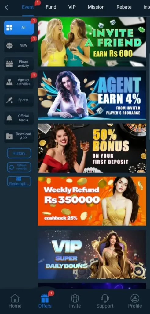 3RR777 Game offers page showing invite bonus, agent commission, deposit bonus, weekly refund, and VIP daily rewards.