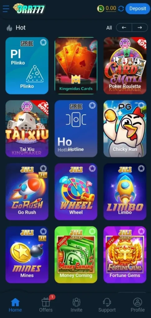 3RR777 Game lobby interface showing popular games like Plinko, Kingmidas Cards, Tai Xiu, Wheel, Mines, Limbo, and Fortune Gems.
