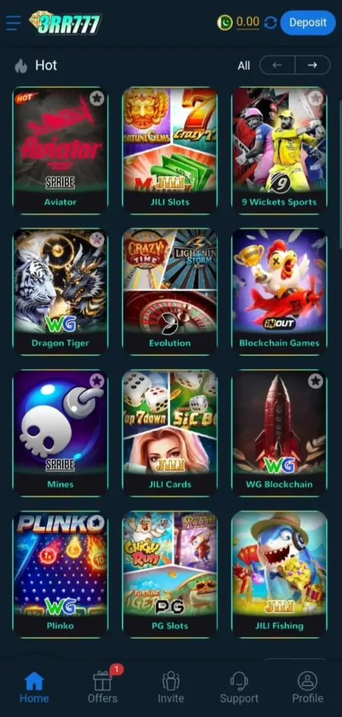 3RR777 Game interface displaying popular slot and mini-games including Treasure Bowl, Happy Fishing, Plinko, Go Rush, Money Coming, and Fortune Gems.