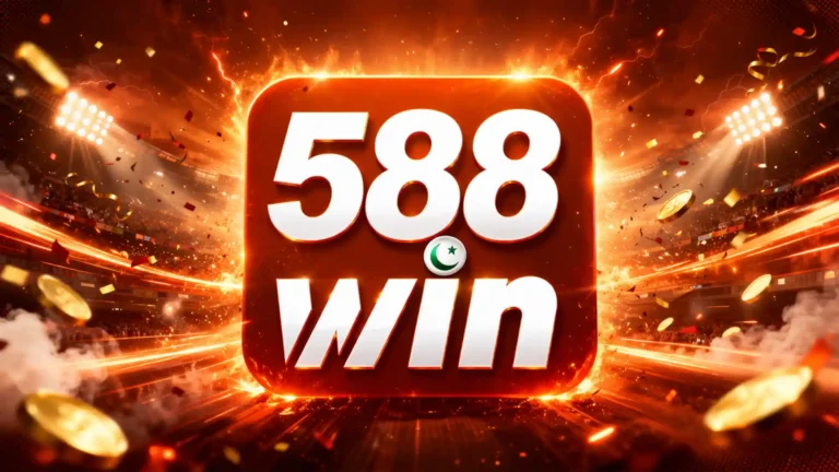 588Win logo with glowing 588 Win text on a fiery orange background, representing a Pakistani mobile gaming app.