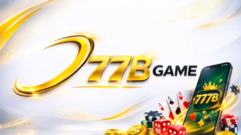 Golden 777B Game logo on a light gradient background with a glowing swoosh, smartphone displaying the 777B app, playing cards, poker chips, dice, and gold coins.
