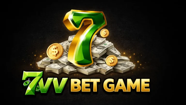 7VV Bet Game logo with a large green and gold number 7 placed on stacks of cash and coins with bold 7VV BET GAME text on a dark background.