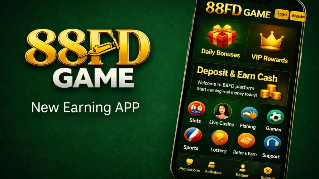 88FD Game mobile app interface with deposit and earn cash feature on dark green background