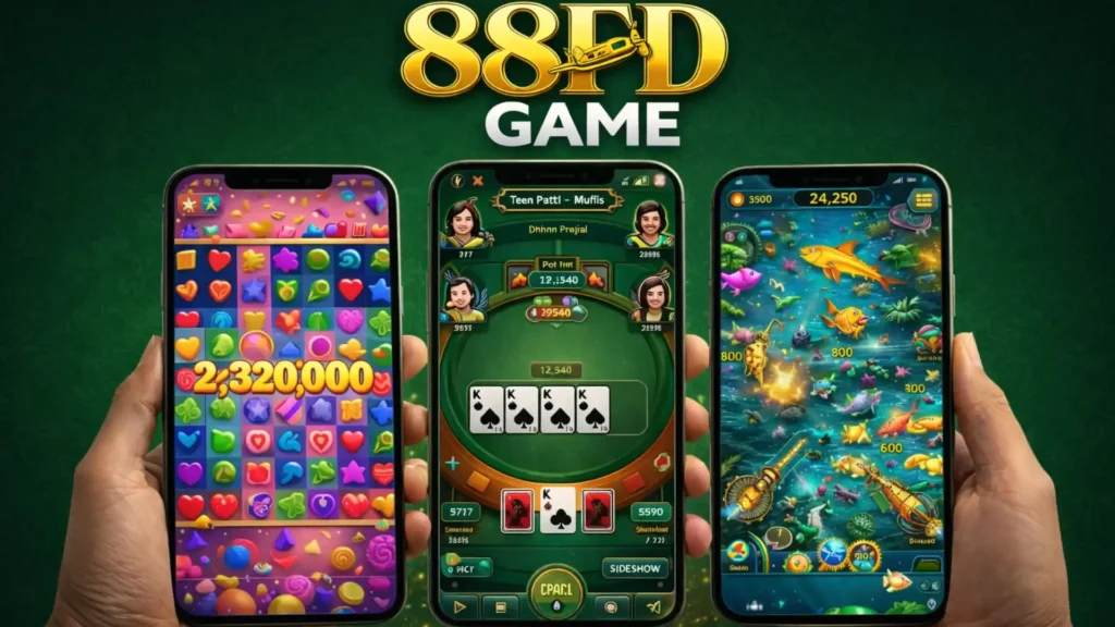 88FD Game mobile app showing slots, Teen Patti, and fishing game interface on dark green background