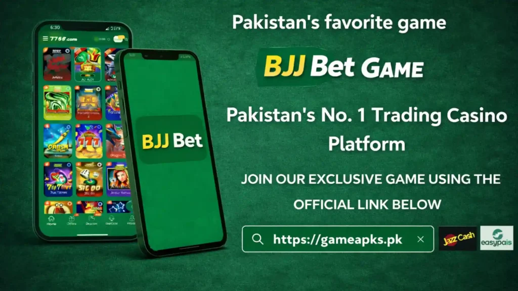 BJJ Bet Game mobile app interface displayed on smartphones promoting Pakistan’s favorite online casino gaming platform with JazzCash and Easypaisa payment options.