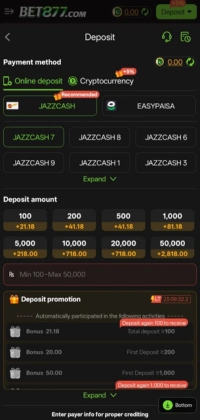 Bet877 Game deposit page showing JazzCash and EasyPaisa payment options with different deposit amounts.