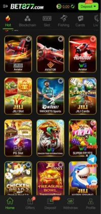 Bet877 Game home screen showing multiple online games including slots, cards, and Aviator-style games.