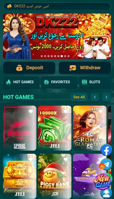 DK222 Game dashboard showing deposit, withdraw options and hot games section