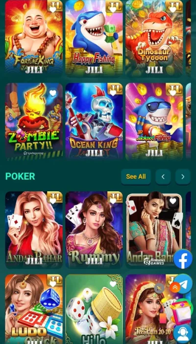 DK222 Game platform showing slot games, fishing games, and poker category options
