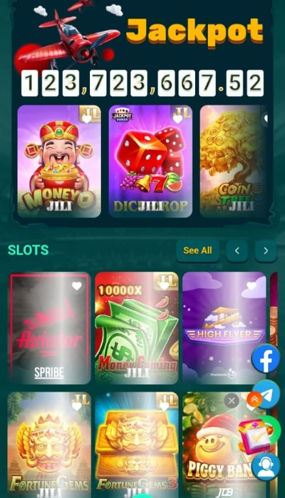 DK222 Game jackpot section showing slot games like Aviator, Money Coming, and High Flyer