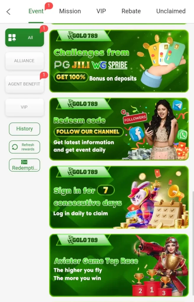 GOLO789 Game event page showing challenges login rewards and Aviator game promotion