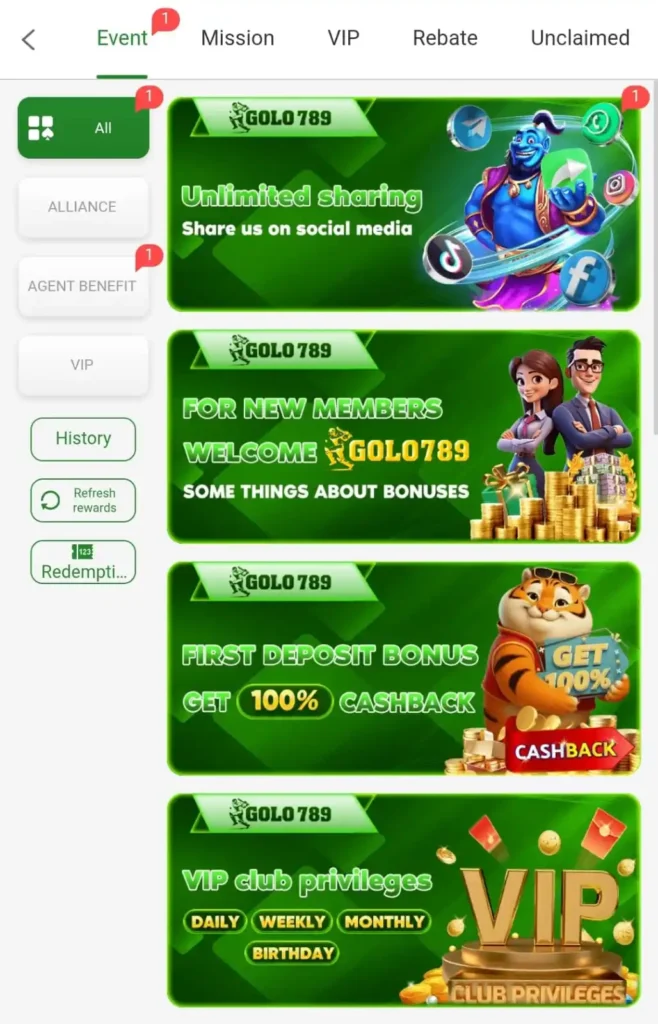 GOLO789 Game bonus events including welcome bonus cashback and VIP club privileges