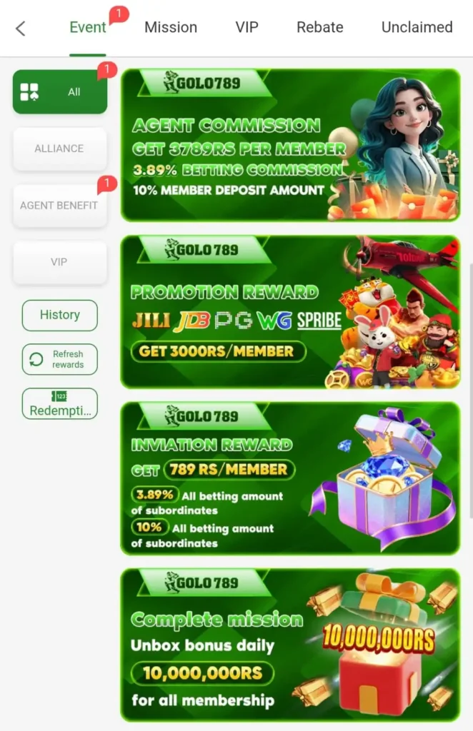 GOLO789 Game agent commission and promotion rewards screen showing bonuses and member earnings
