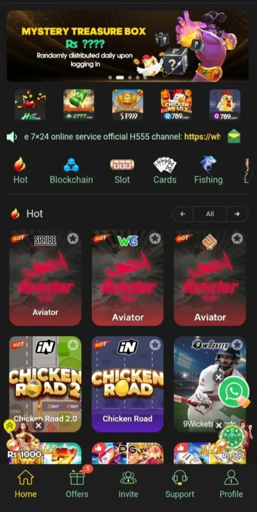 H8 Game app dashboard showing Aviator, Chicken Road, and slot games on the main interface