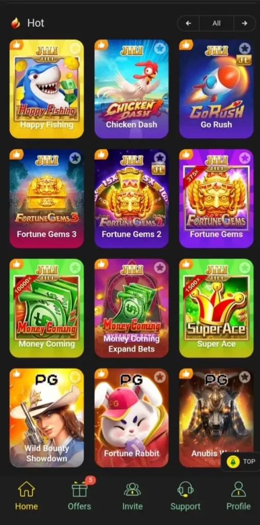 H8 Game app showing popular games like Happy Fishing, Chicken Dash, Fortune Gems, and Go Rush