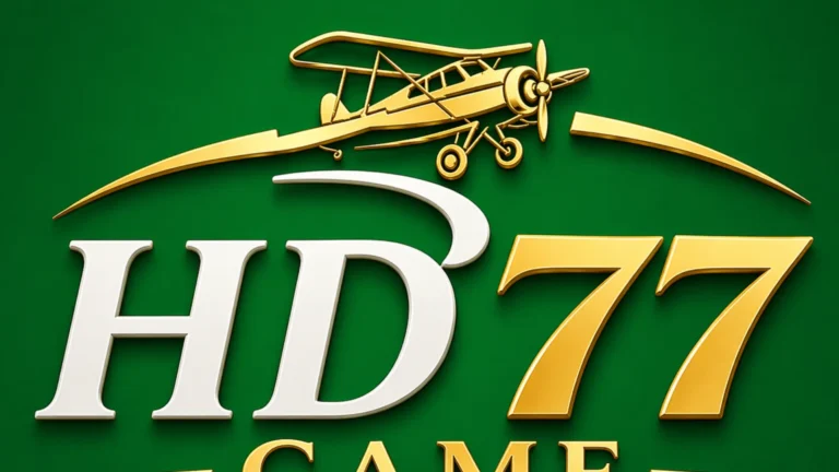 HD77 Game logo with golden airplane icon and bold 3D text on a green background.