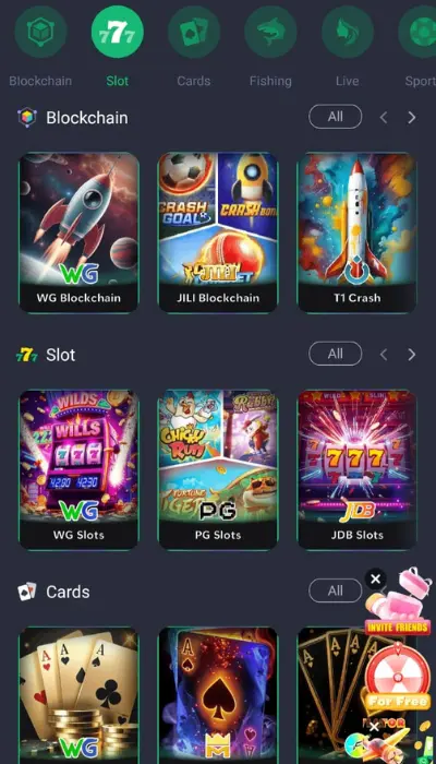HQ177 Game mobile app interface showing blockchain games, slot games, and card games categories