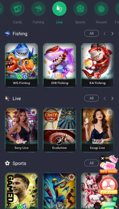 HQ177 Game app screen showing fishing games, live casino games, and sports betting options