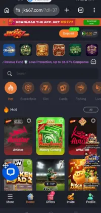 Screenshot of the JK667 gaming app interface showing the "Events" page with various promotion banners including invite bonuses, deposit rewards, and real-time rebates.