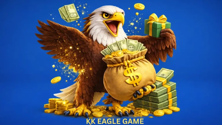 KK Eagle Game promotional image showing a golden eagle holding a money bag with dollar sign, surrounded by coins, cash bundles, and a gift box on a blue background.