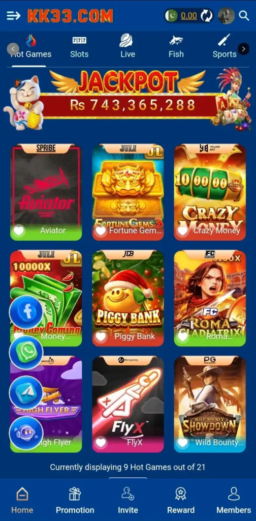 KK33 Game mobile app home screen showing jackpot amount and popular games like Aviator, Fortune Gems, Piggy Bank and Crazy Money
