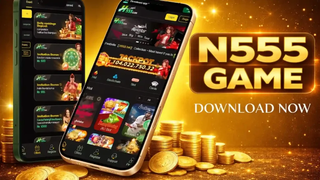 N555 Game app ad with jackpot, games, and download prompt.
