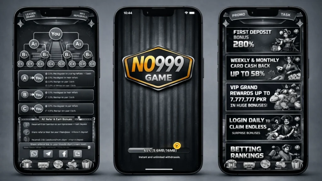 NO999 Game mobile app interface showing bonuses rewards and referral system on smartphone