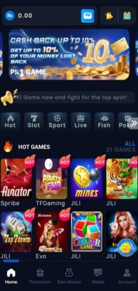 PK1 Game main interface showing hot games like Aviator, Mines, and Color Game