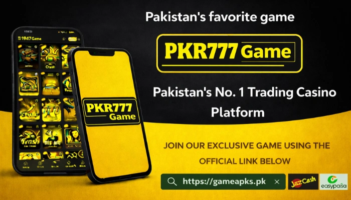 PKR777 Game mobile gaming platform banner showing Pakistan's favorite casino style game with Android app interface