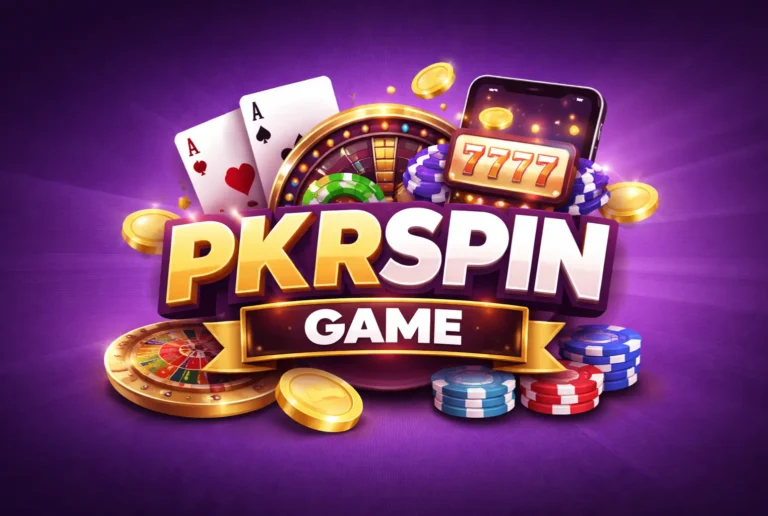 PKRspin Game promotional banner with purple background, casino elements, poker cards, roulette wheel, slot machine, and gold coins.
